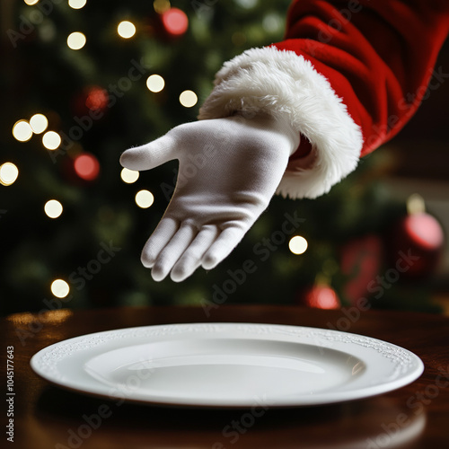 Close-up of Santa's hand wearing a white glove, holding an open hand as if he is about to grab something, above a white plate on a dark smooth wooden table, background is a christmas decorated living 