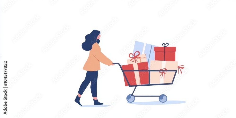 Woman pushing a shopping cart filled with gift boxes, white isolate background Woman pushing a shopping cart filled with gift boxes, white isolate background
