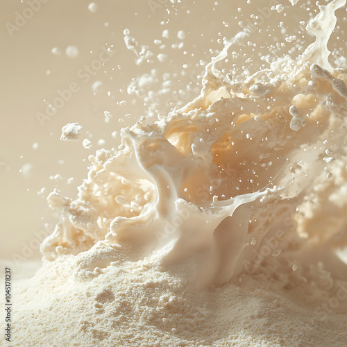 A dynamic splash of raw materials creates an engaging visual, showcasing beauty of texture and movement in minimalistic setting. interplay of liquid and powder evokes sense of creativity and inspirati photo