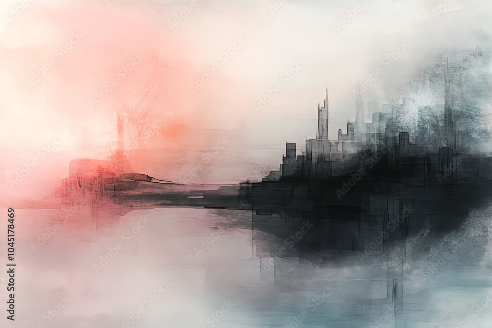 Fototapeta premium Abstract watercolor painting of a cityscape with a red and blue sky.