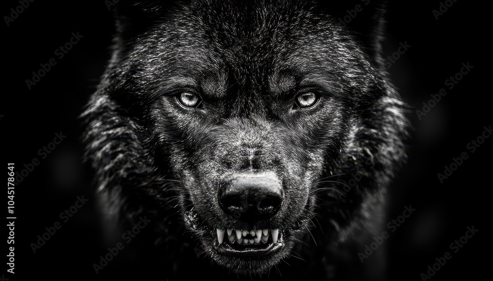 Fototapeta premium Closeup of an intense, menacing black wolf face displaying fierce expression