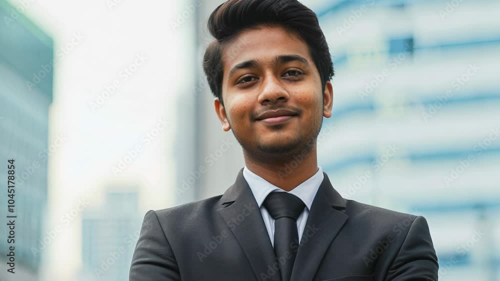 Man in a suit and tie is standing in front of a building with a smile on his face Man in a suit and tie is standing in front of a building with a smile on his face
