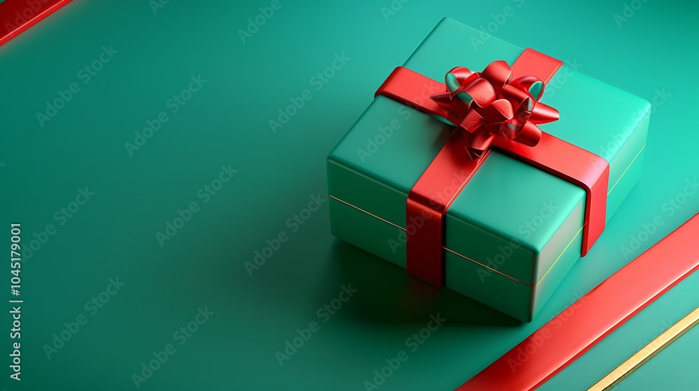 Obraz premium 3D Bright Green Gift Box with Red Ribbon and Bow. Christmas Theme.