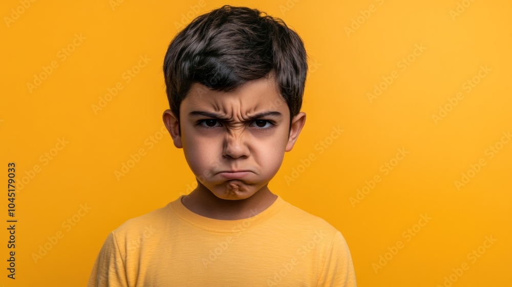 Fototapeta premium intense anger expression on latinx boy's face against vibrant yellow background, close up portrait. hard feelings, personal conflict, emotional tension, psychological reaction. banner with copy space