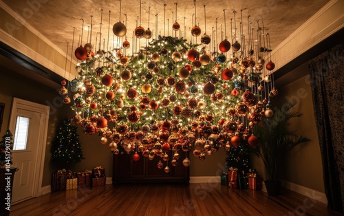 Upside-Down Christmas Tree: A striking and unique tree hanging upside down from the ceiling, with ornaments cascading down its branches. 