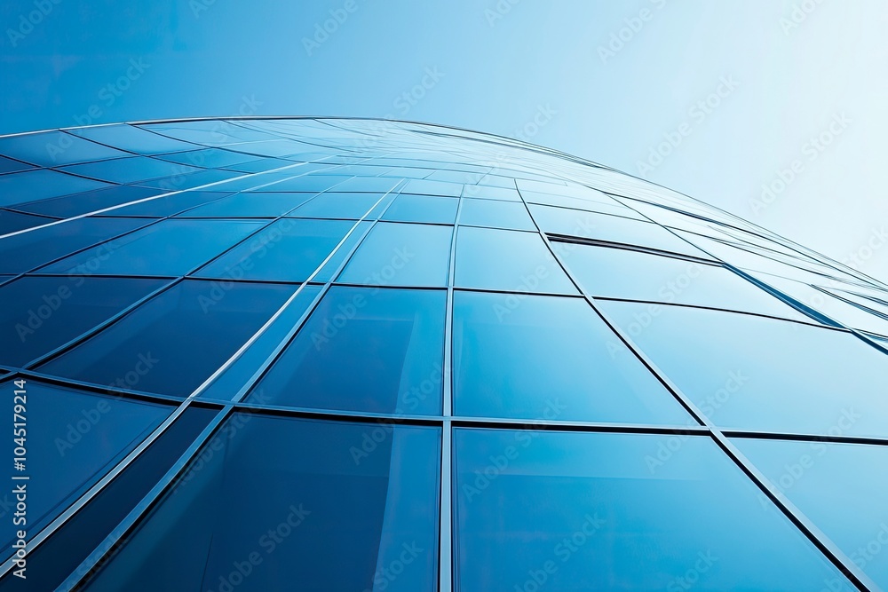 Obraz premium Modern building with curved glass facade reflecting sky. Contemporary architectural design against a clear blue backdrop with generative ai