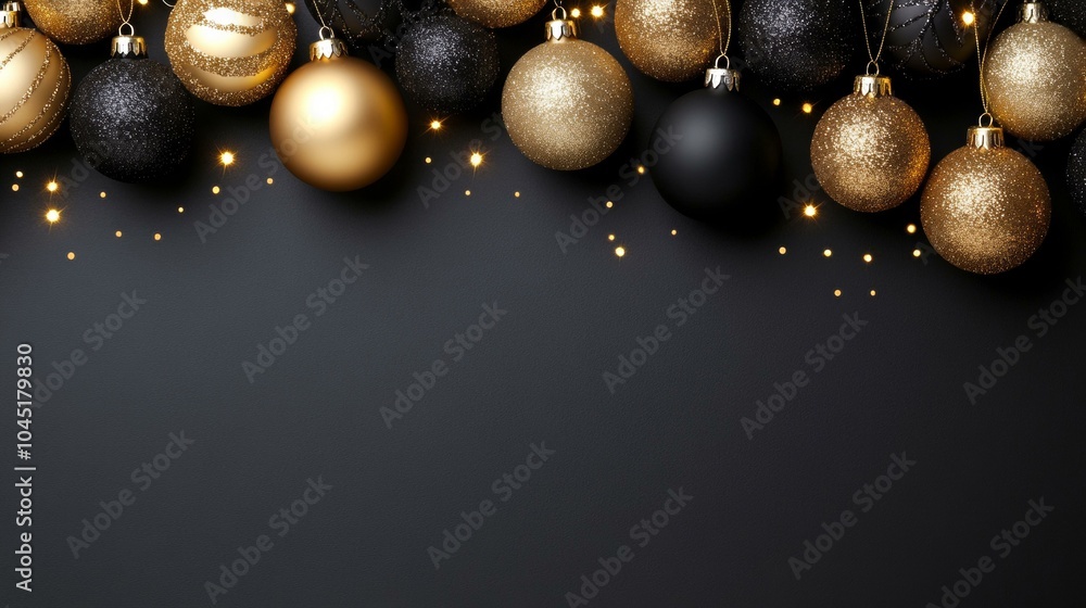 Black and gold Christmas background with ornaments Black and gold Christmas background with ornaments