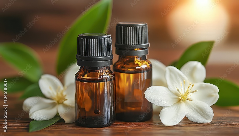Essential oils with white flowers arranged on a wooden surface for aromatherapy Essential oils with white flowers arranged on a wooden surface for aromatherapy