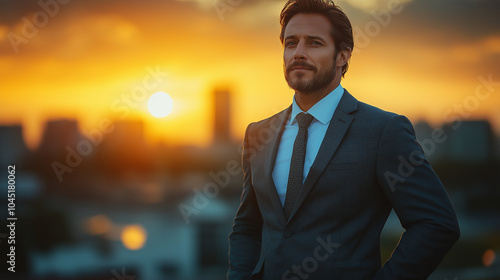 Successful businessman standing on a rooftop at sunset, showcasing achievement and confidence