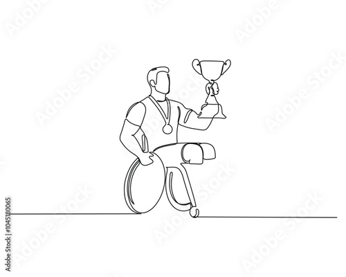 Continuous line drawing of a person in a wheelchair holding a trophy and wearing a medal. The minimalistic style highlights achievement, perseverance, and inclusivity in sports competitions