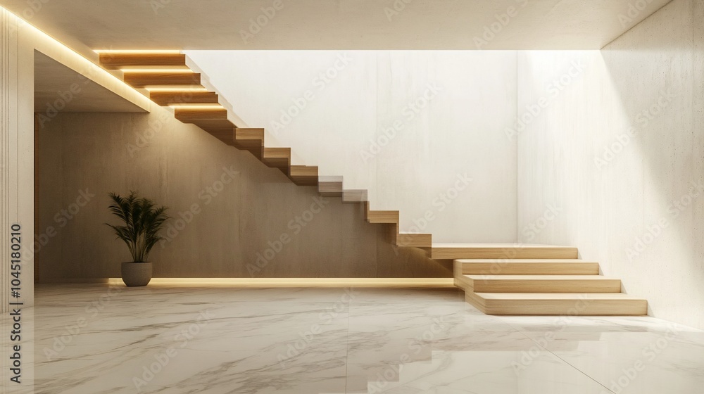 Modern wooden staircase with marble flooring and a potted plant in a minimalist interior design. Modern wooden staircase with marble flooring and a potted plant in a minimalist interior design.
