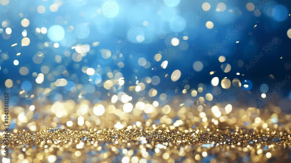 Blue and gold background with a lot of glitter. The glitter is scattered all over the background, creating a sparkling effect. The blue and gold colors give the festive and celebratory mood Blue and gold background with a lot of glitter. The glitter is scattered all over the background, creating a sparkling effect. The blue and gold colors give the festive and celebratory mood