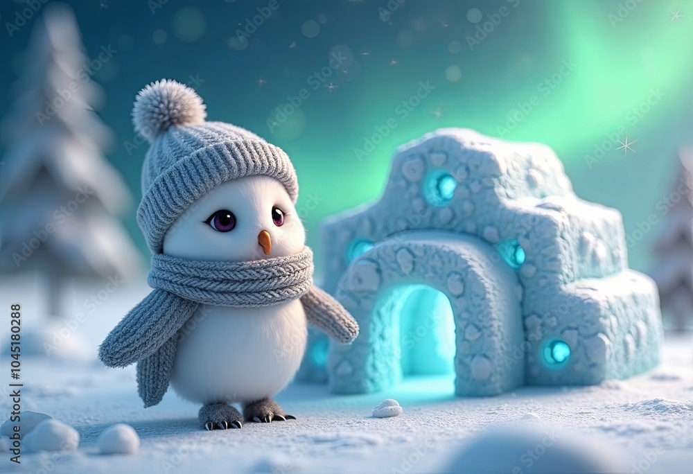 Obraz premium cute snowy owl building an igloo in a winter wonderland with Aurora Borealis, 3D render for holiday cards