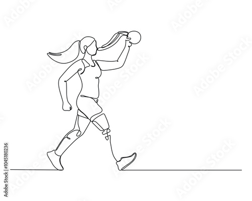 Continuous line drawing of a female athlete with a prosthetic leg running and proudly holding up a medal, symbolizing strength, determination, and inclusivity in sports