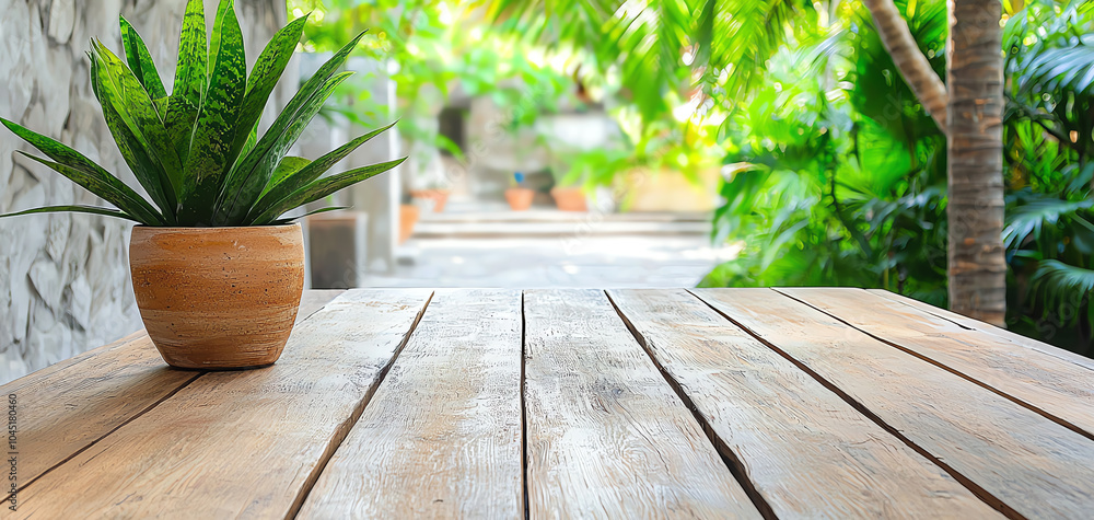 Fototapeta premium Charming mediterranean outdoor dining space surrounded by lush greenery and natural elements for memorable gatherings