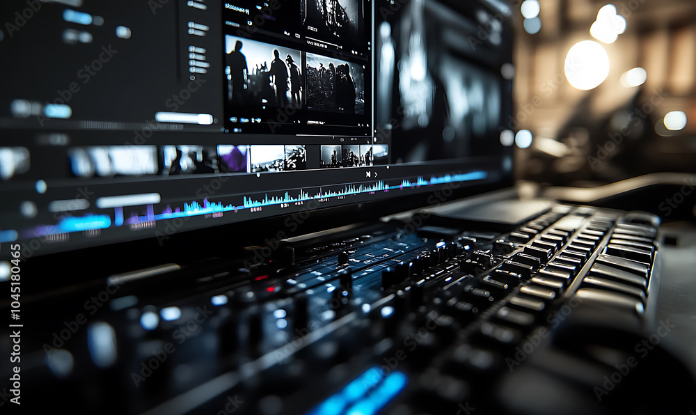 A close up view of video editing workstation featuring sleek keyboard and high resolution monitor displaying various video clips. atmosphere is focused and creative, ideal for editing projects A close up view of video editing workstation featuring sleek keyboard and high resolution monitor displaying various video clips. atmosphere is focused and creative, ideal for editing projects
