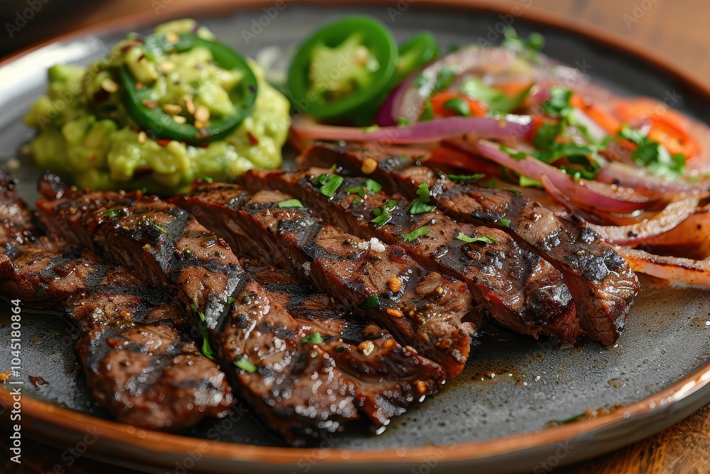 A plate of arrachera, grilled skirt steak served with roasted onions, jalapenos, and a side of guacamole A plate of arrachera, grilled skirt steak served with roasted onions, jalapenos, and a side of guacamole