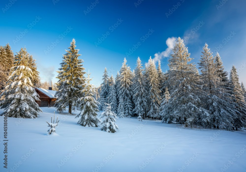 Snow-covered forest landscape with a cozy cabin surrounded by tall evergreen trees on a clear winter day Snow-covered forest landscape with a cozy cabin surrounded by tall evergreen trees on a clear winter day