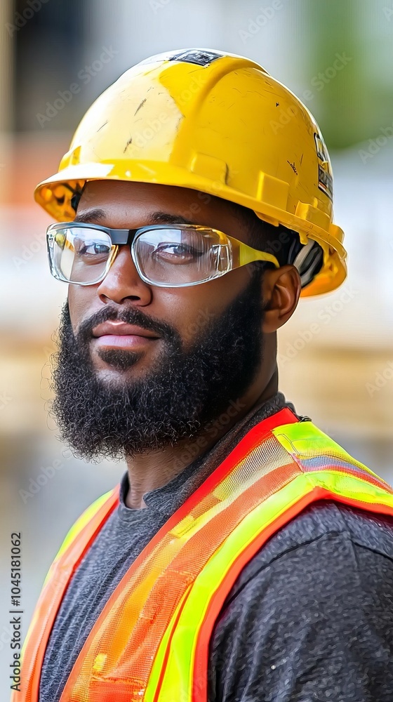 A construction worker in a yellow hard hat and safety vest. A construction worker in a yellow hard hat and safety vest.