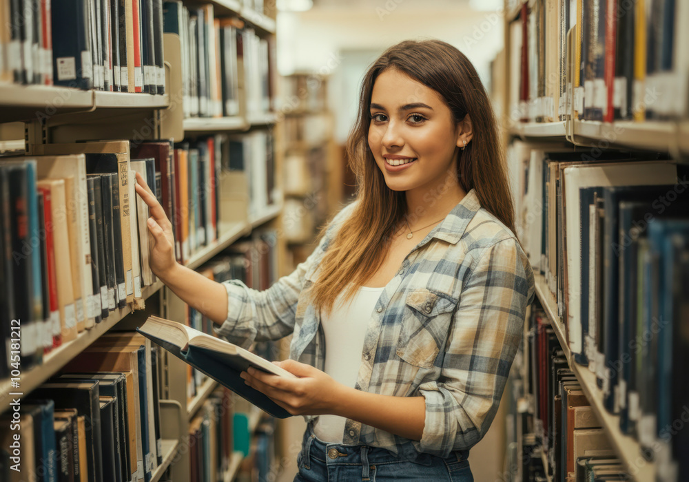 Young woman browsing books in a library during the afternoon while smiling and holding a book in her hands Young woman browsing books in a library during the afternoon while smiling and holding a book in her hands
