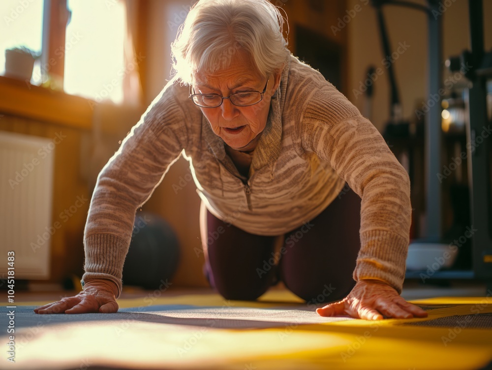 Senior woman doing a push-up on a mat Senior woman doing a push-up on a mat