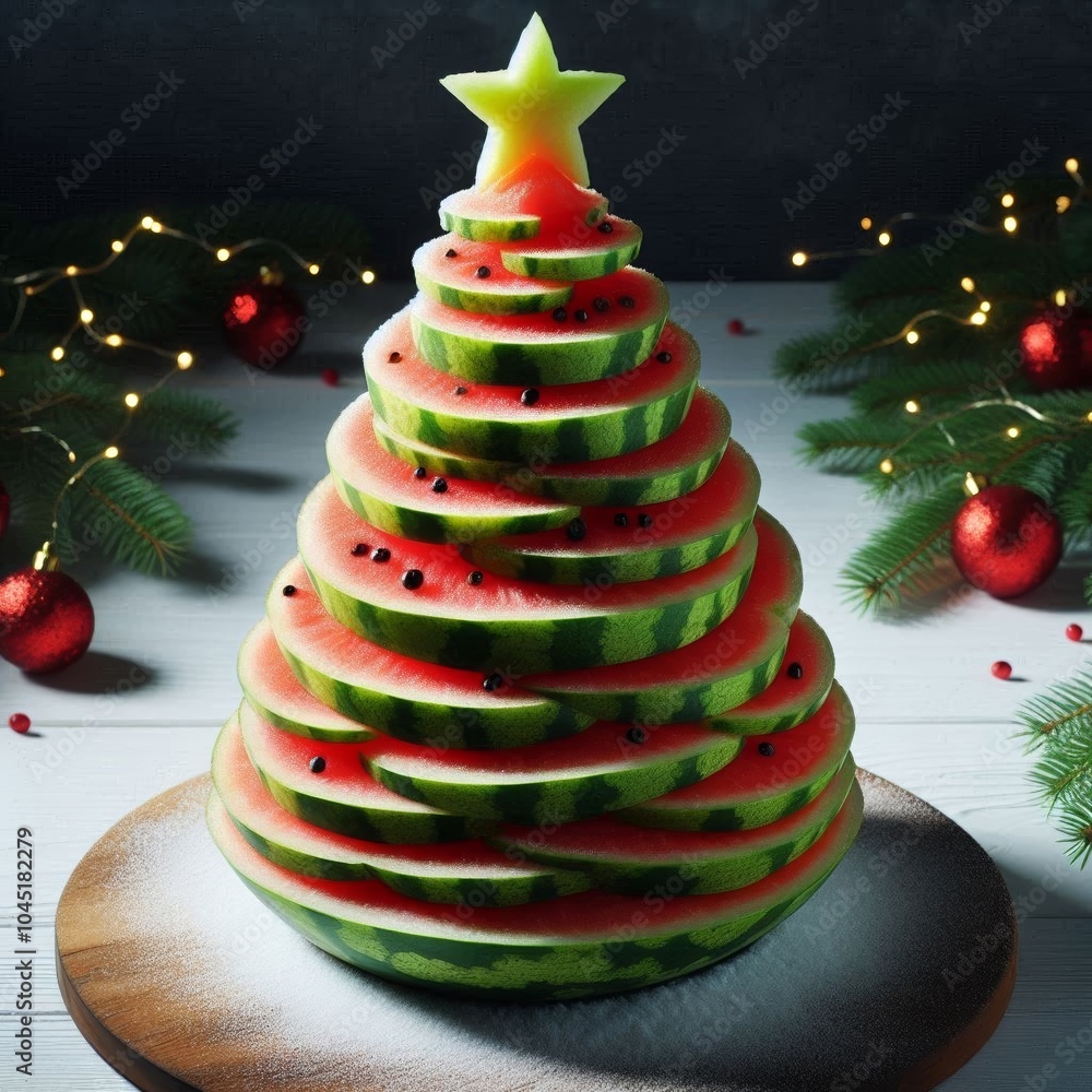 Christmas tree made of layered slices of watermelon. Christmas tree made of layered slices of watermelon.