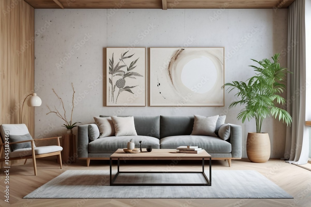 Modern Japandi living room with plaster and wood, painting frame on the wall, zen - minimalism style. Modern Japandi living room with plaster and wood, painting frame on the wall, zen - minimalism style.