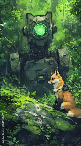 A futuristic robot stands tall amidst lush greenery, a small fox sitting beside it, creating an intriguing contrast between nature and technology.