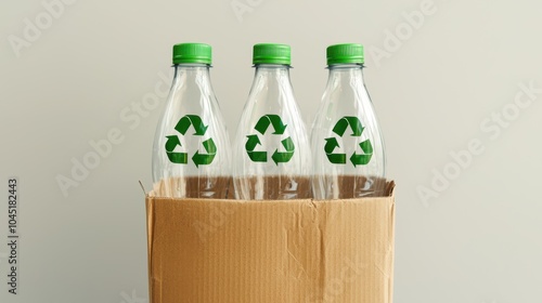 Three clear plastic bottles with green recycling symbols are placed in cardboard box, emphasizing sustainability and recycling efforts