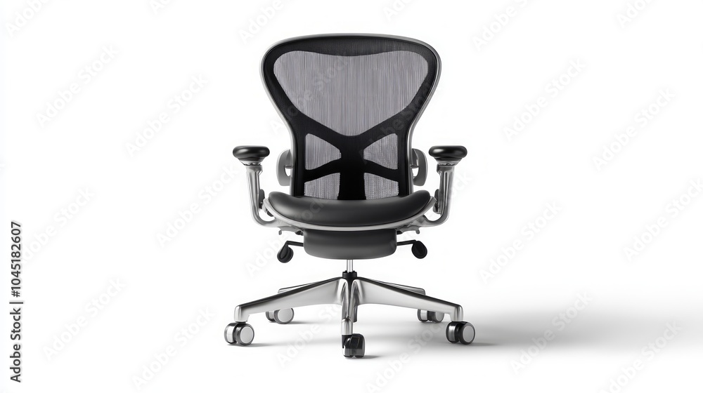 A black and silver office chair with a mesh backrest and a black leather seat. It has adjustable arms and a swivel base with wheels. A black and silver office chair with a mesh backrest and a black leather seat. It has adjustable arms and a swivel base with wheels.