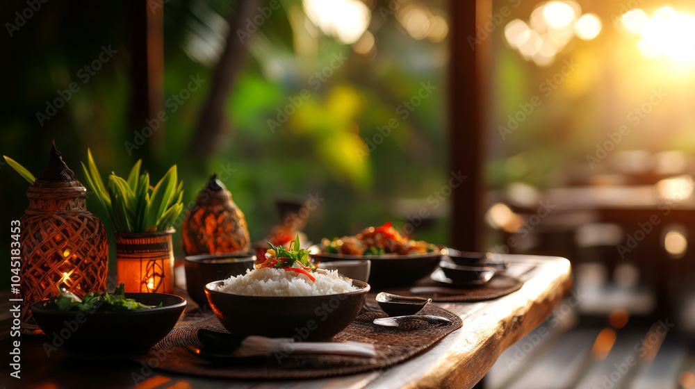 beautifully arranged table featuring local cuisine, with bowls of rice and vibrant dishes set against warm sunset backdrop. scene evokes sense of relaxation and enjoyment beautifully arranged table featuring local cuisine, with bowls of rice and vibrant dishes set against warm sunset backdrop. scene evokes sense of relaxation and enjoyment