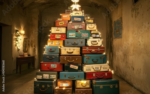 Suitcase Christmas Tree: A tree built from stacked vintage suitcases of varying sizes and colors, with travel stickers and postcards attached like ornaments.  photo