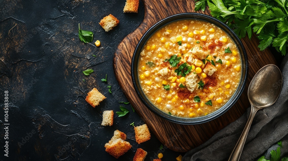 A bowl of creamy corn chowder with croutons and parsley on a rustic background. A bowl of creamy corn chowder with croutons and parsley on a rustic background.