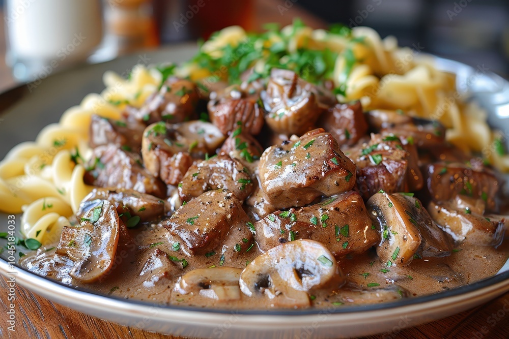 A plate of beef stroganoff with tender beef strips in a creamy mushroom sauce, served over a bed of egg noodles. A plate of beef stroganoff with tender beef strips in a creamy mushroom sauce, served over a bed of egg noodles.
