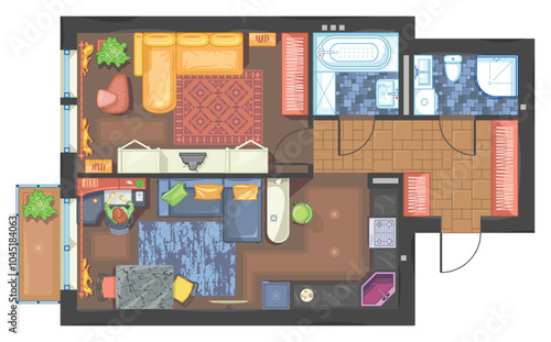 Architectural plan of studio apartment with kitchen and bedroom. Small house in top view. Floor plan with furniture placement. Color drawing of the room, interior design project. Vector