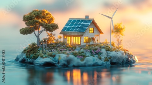 Miniature eco-friendly house model on island, solar panels, wind turbine, tiny trees, detailed landscape, tilt-shift effect, soft pastel background, diorama photo