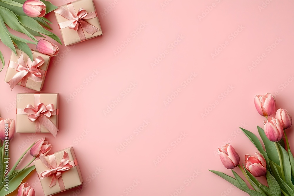 Mother's Day decorations concept. Top view photo of trendy gift boxes with ribbon bows and tulips on isolated pastel pink background with generative ai Mother's Day decorations concept. Top view photo of trendy gift boxes with ribbon bows and tulips on isolated pastel pink background with generative ai
