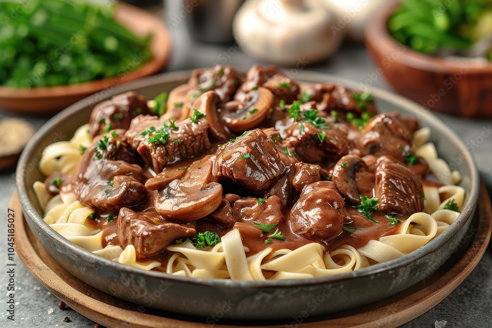 A plate of beef stroganoff with tender beef strips in a creamy mushroom sauce, served over a bed of egg noodles. A plate of beef stroganoff with tender beef strips in a creamy mushroom sauce, served over a bed of egg noodles.