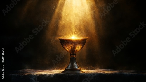 the holy grail, sunbeams on the grail, dark background, copy and text space, 16:9
