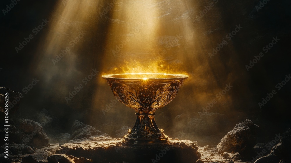 the holy grail, sunbeams on the grail, dark background, copy and text space, 16:9 the holy grail, sunbeams on the grail, dark background, copy and text space, 16:9
