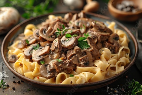 A plate of beef stroganoff with tender beef strips in a creamy mushroom sauce, served over a bed of egg noodles.