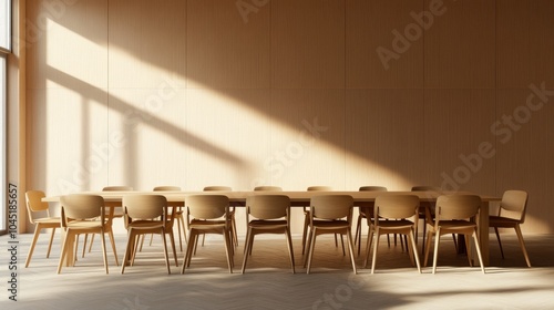 Clean and organized meeting room interior, with a wooden table and chairs arranged in a neat row.