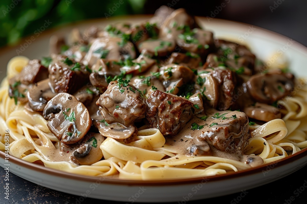 A plate of beef stroganoff with tender beef strips in a creamy mushroom sauce, served over a bed of egg noodles. A plate of beef stroganoff with tender beef strips in a creamy mushroom sauce, served over a bed of egg noodles.