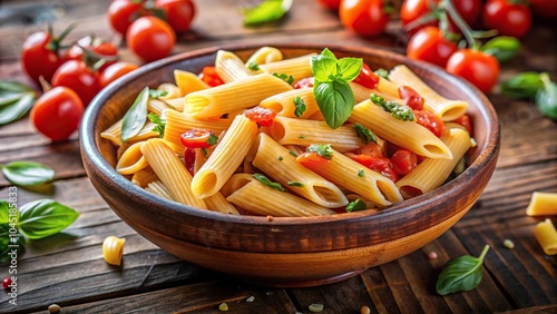 Extreme close-up of tasty delicious penne rigate pasta in rustic bowl