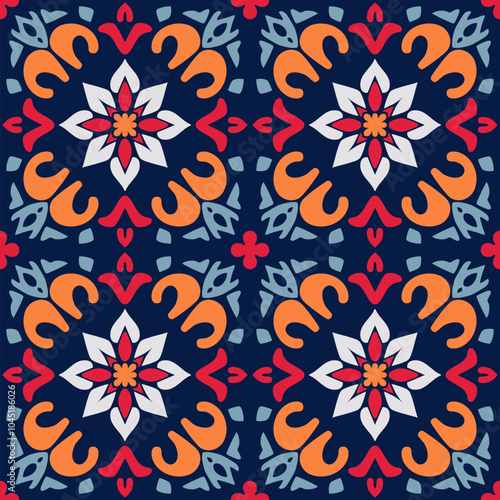 Vector seamless pattern in ethnic folk style. Colorful floral geometric ornament with indian, indonesian, balinese, thai, mexican motifs. Oriental, persian, turkish, iranian ornamental background