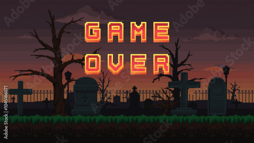 Pixel art cemetery landscape with Game Over text. Graveyard seamless background with tombstones, crosses and dry trees against cloudy sky. Vector illustration.
