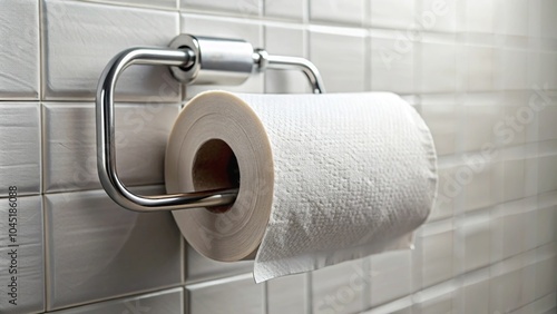 Extreme close-up of toilet paper hanging on bathroom wall