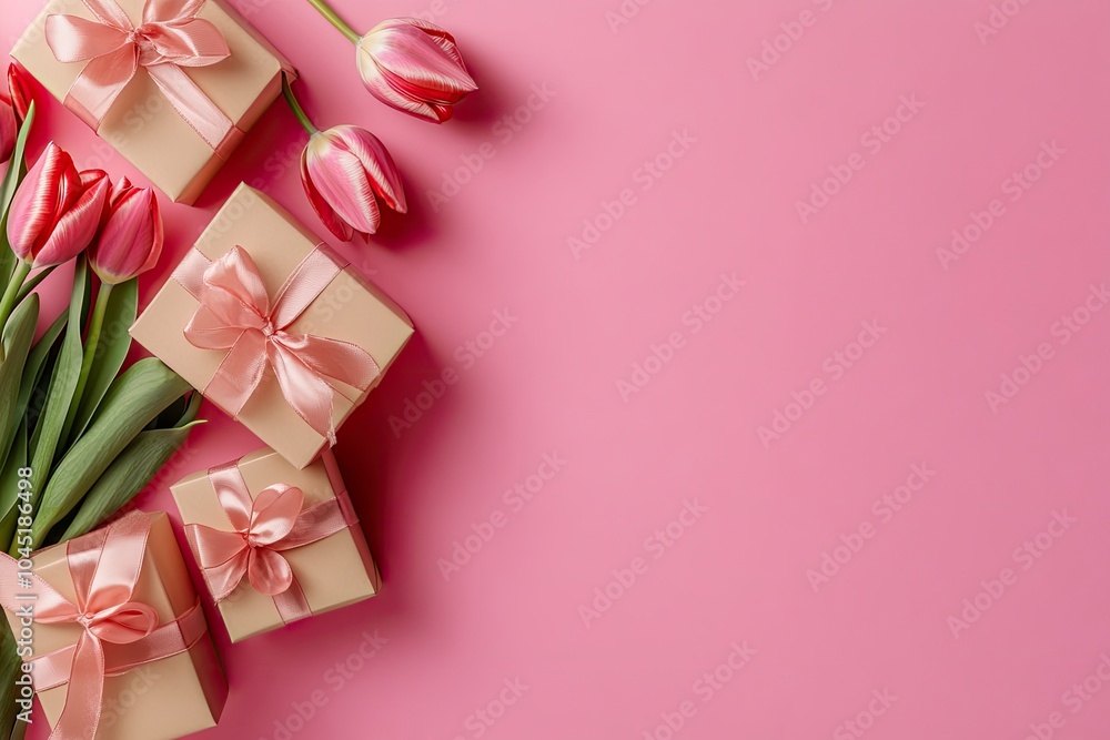 Mother's Day decorations concept. Top view photo of trendy gift boxes with ribbon bows and tulips on isolated pastel pink background with generative ai Mother's Day decorations concept. Top view photo of trendy gift boxes with ribbon bows and tulips on isolated pastel pink background with generative ai