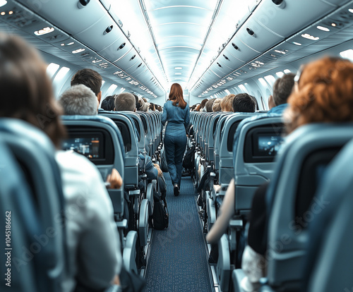 View of a full airplane cabin with passengers seated and a flight attendant walking down the aisle, reflecting typical air travel and transportation experience.
