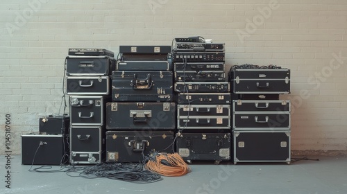 A collection of black equipment cases with cords and wires spilling out in front of a white brick wall. photo